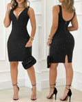 Women's Dress 2025 Summer Elegant Party Wedding Guest Dress Glitter V-neck Sleeveless Back Zipper Design Bodycon Mini Dress