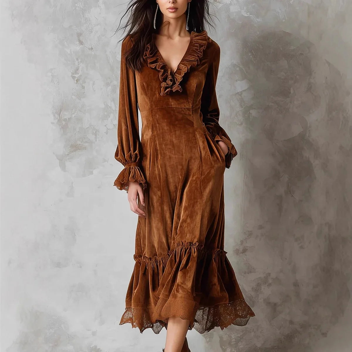 Womens Dresses 2025 Vintage Velvet V-neck Ruffled Lace Spliced Slim Fit Maxi Dress For Women Autumn Winter Elegant Party Dresses