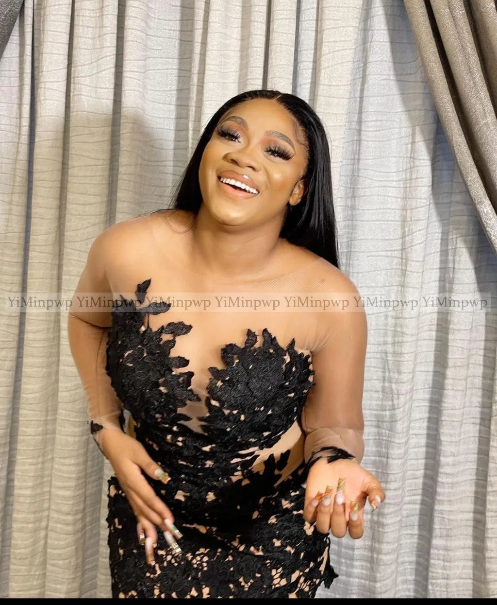 African Black Short Prom Dresses O Neck Long Sleeve Appliques Straight Illusion Sexy Birthday Dress For Baddies Customized