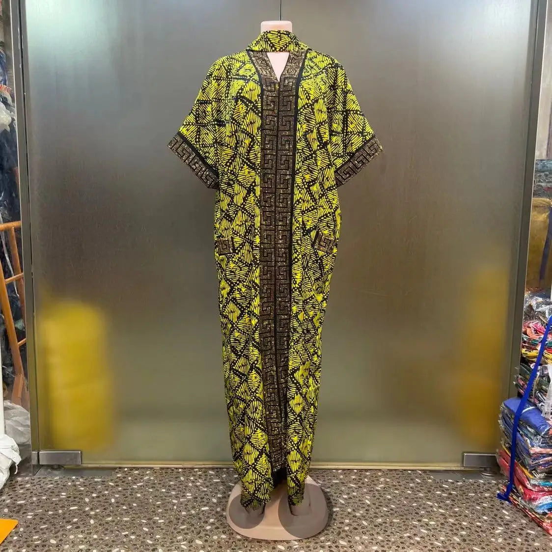 2025 New Trendy Heavy-Duty Rhinestone Pocket Middle Eastern Bubu V-Neck Evening Dress African Print Loose Muslim Women's Dress