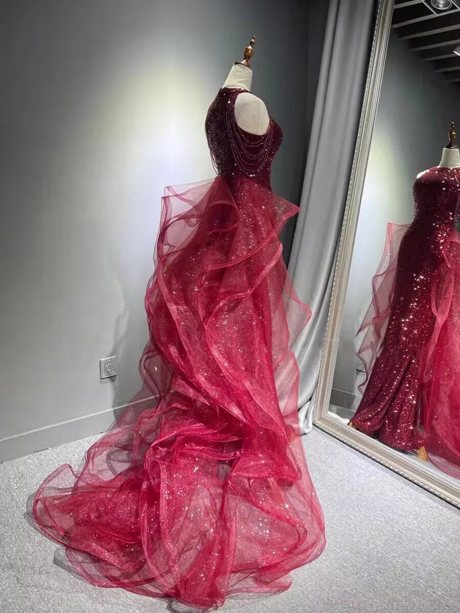 Elegant Sparking Navy Blue Evening Dresses Halt Beading Party Gown Customized Prom Dress 2025 Tiered robes de soirée Sweep Train