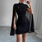 2025 Sexy Elegant Evening Party Dresses Round Neck Pit Stripe Pearl Chiffon Cape Sleeve Wrapped Hip Dress New Fashion Casual