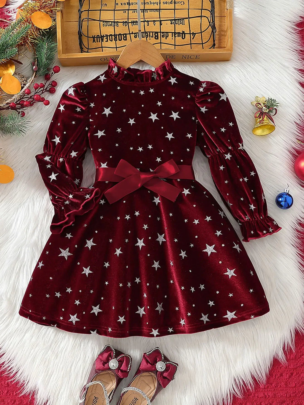 2025 New Year Dress for Girls Winter 3-6Y Kids Star Print Bowknot Long Sleeve Evening Dress Christmas Festive Dress for Girls