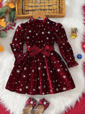 2025 New Year Dress for Girls Winter 3-6Y Kids Star Print Bowknot Long Sleeve Evening Dress Christmas Festive Dress for Girls