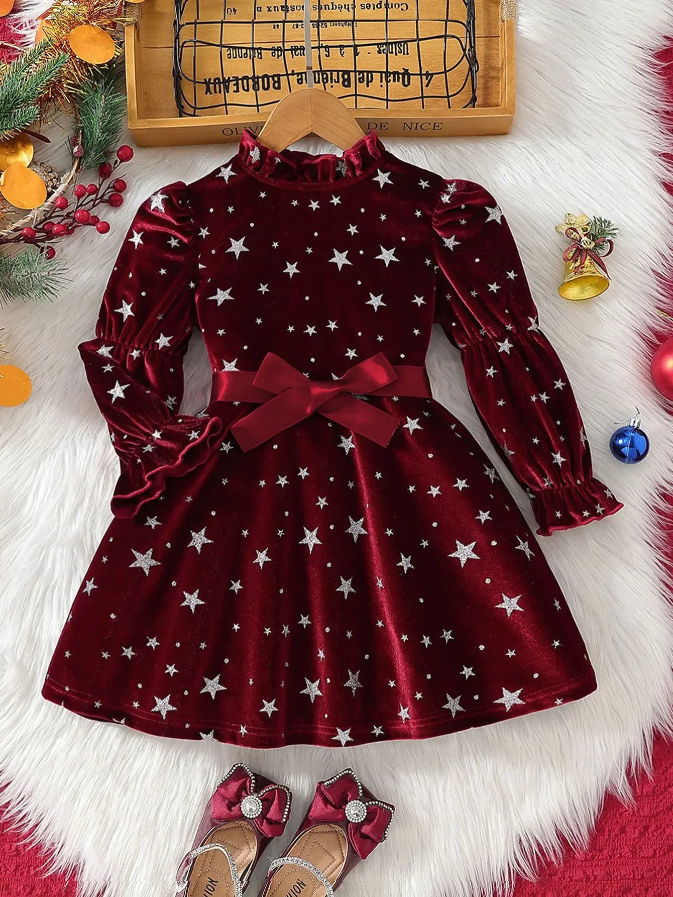 2025 New Year Dress for Girls Winter 3-6Y Kids Star Print Bowknot Long Sleeve Evening Dress Christmas Festive Dress for Girls