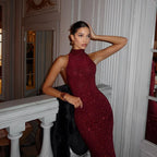 2025 New Women's Elegant Shiny Party Bodycon Robes Sexy Slim Sequins Red Sleeveless Long Dress Fashion Solid Maxi Gown Dresses