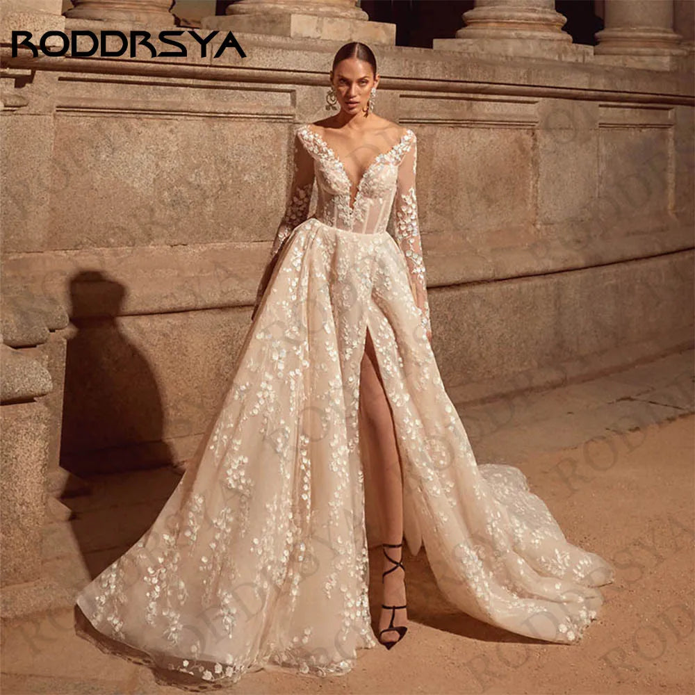 RODDRSYA Wedding Dresses for Brides 2025 Long Sleeves Bridal Dress Luxury Lace A Line Illusion Back vestidos de novia Customized