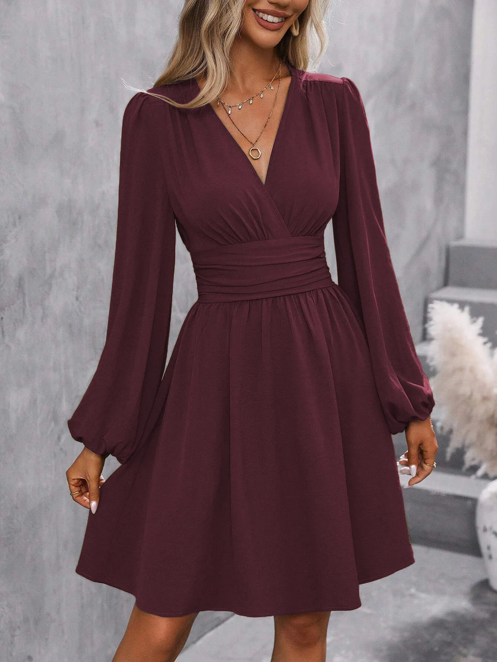 Dresses 2025 Woman Clothing V Neck Lantern Sleeve Wrap Mini Dress Ruched Waist Flowy Hem Elegant for Autumn and Party Styles ﻿