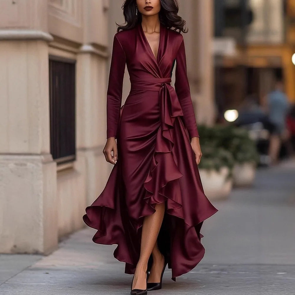 2025 Evening Dress Women's Long Sleeve V Neck High Waist Slim Fit Ruffle Solid Color Elegant Fashion Party Spring Autumn Dress