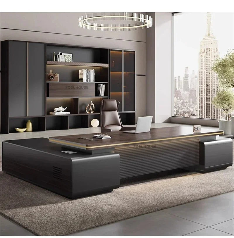 Modern Wooden Boss Office Desks Light Luxury Office Furniture Design with Storage Cabinet Study Desk Commercial President Desk