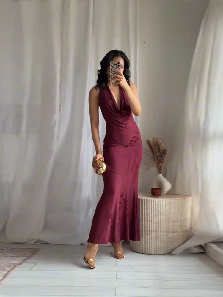 Elegant Party Dresses For Women 2025 Vintage Red Lace Up Sleeveless Deep V Neck Long Dress Female Hip Package Lady Vestidos New