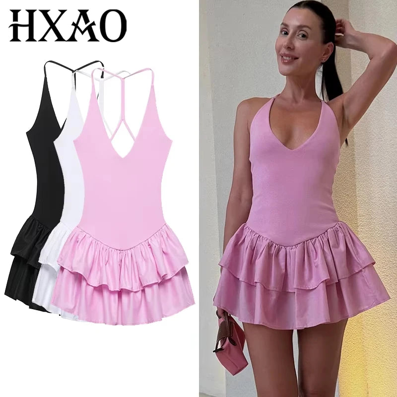 Women's Dresses 2025 Halter Pink Mini Dresses Chic v Neck Layer Ruffles Hem Dress A Line Vestido Summer Ladies Street Party Wear