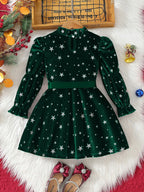 2025 New Year Dress for Girls Winter 3-6Y Kids Star Print Bowknot Long Sleeve Evening Dress Christmas Festive Dress for Girls