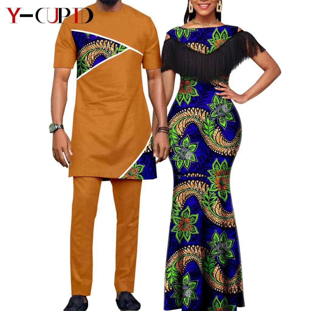 African Dresses for Women Matching Couple Outfits Bazin Riche Dashiki Slim Tassel Print Long Dresses for Party Vestidos Y23C009