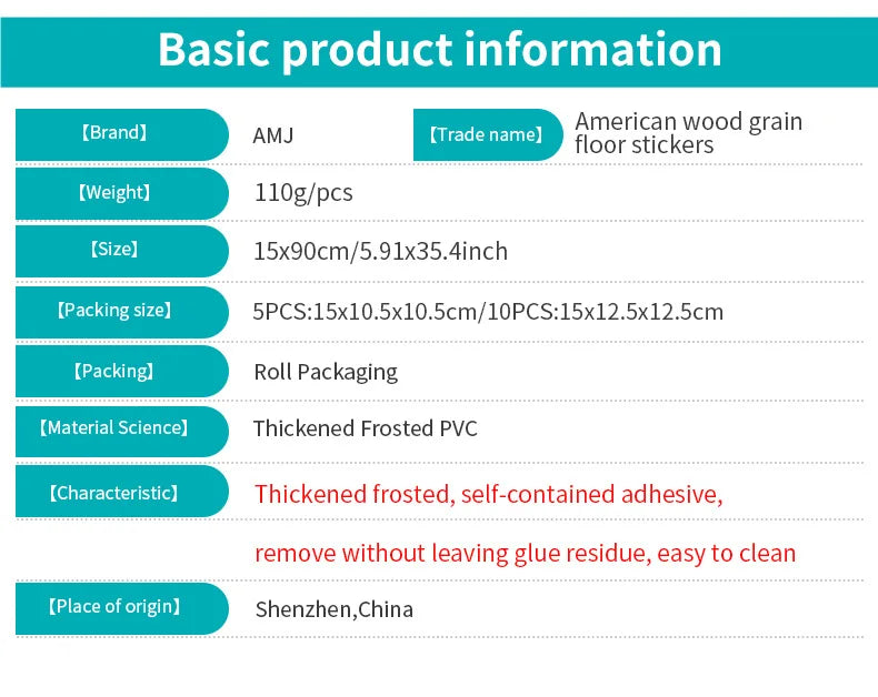 5pcs Wood Grain Floor Stickers Modern Style PVC Wall Sticker Waterproof Self-adhesive for Living room Kitchen Home Floor Decor