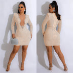 2025 Luxury Smart Evening Dress Women Deep V Neck Long Sleeve Tight Fitting Short Skirt Set With Diamonds Street Banquet Outfits