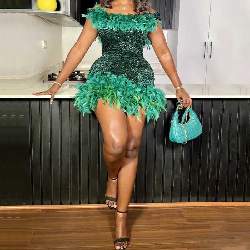 Sequin Feather Mini Dress