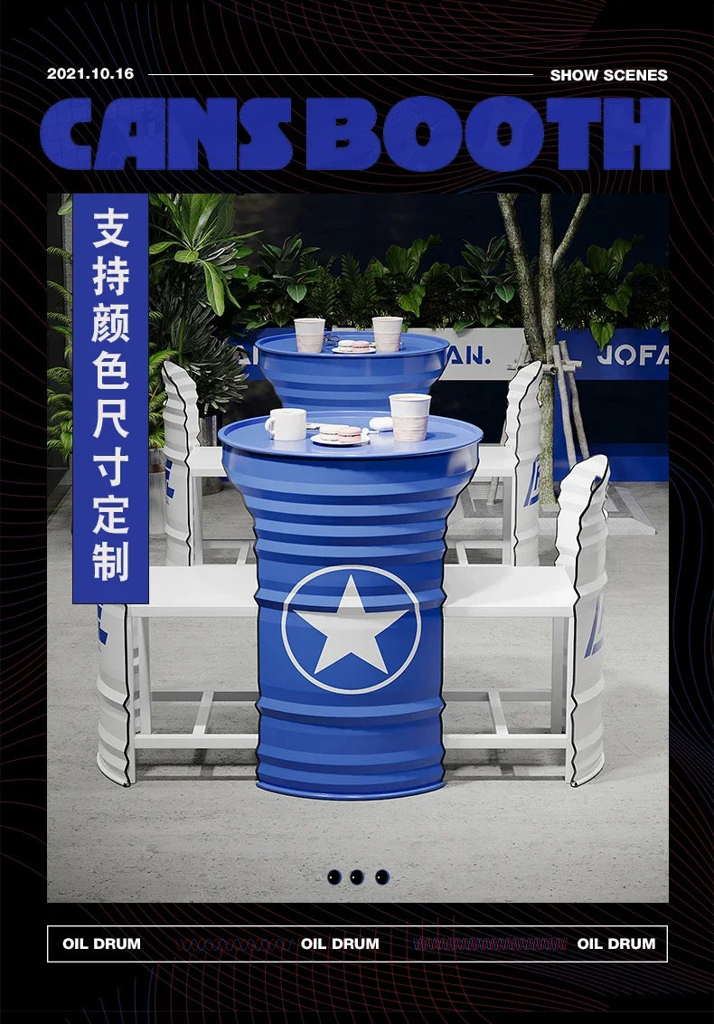 Industrial Style Coffee Shop Courtyard Leisure Area Outdoor Iron Oil Drum Tables and Chairs