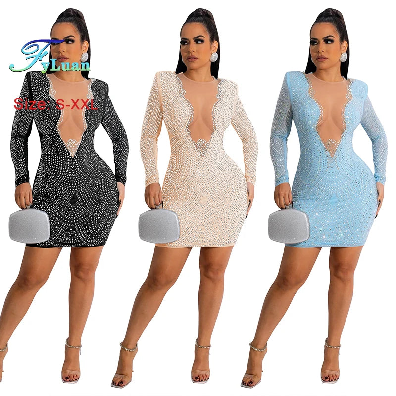 2025 Luxury Smart Evening Dress Women Deep V Neck Long Sleeve Tight Fitting Short Skirt Set With Diamonds Street Banquet Outfits