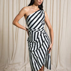 Women's Dresses 2025 Summer French Elegant Fitting Slim Stripes Sleeveless One-Shoulder Wrap Midi Party Dresses For Women