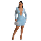 2025 Luxury Smart Evening Dress Women Deep V Neck Long Sleeve Tight Fitting Short Skirt Set With Diamonds Street Banquet Outfits