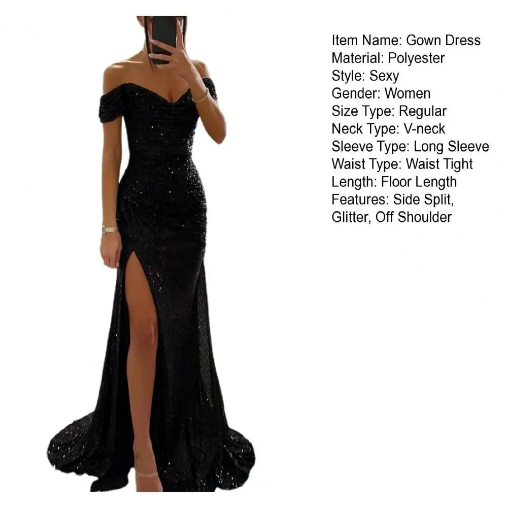2025 Elegant Off-shoulder Gown Dress V-Neck Sequin Pleated Short Sleeve Waist Tight Maxi Dress Split Evening Party Prom Dress