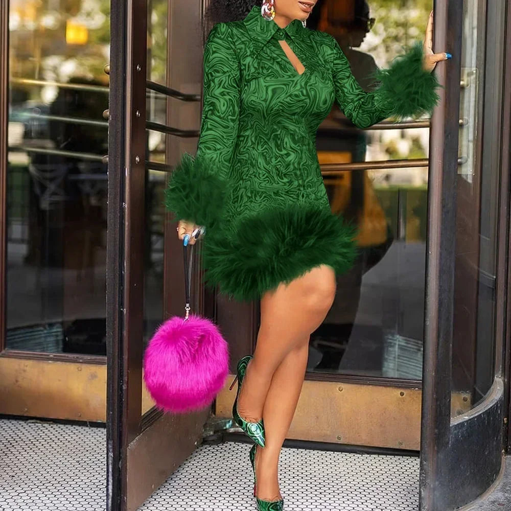 Vintage Mini Dress Women African Spring Feather Fall Sexy Bandage Long Sleeve Africa Bodycon Party Vestidos Birthday Streetwear