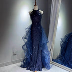 Elegant Sparking Navy Blue Evening Dresses Halt Beading Party Gown Customized Prom Dress 2025 Tiered robes de soirée Sweep Train