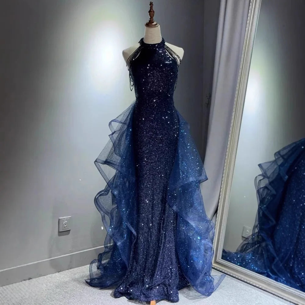 Elegant Sparking Navy Blue Evening Dresses Halt Beading Party Gown Customized Prom Dress 2025 Tiered robes de soirée Sweep Train