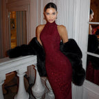 2025 New Women's Elegant Shiny Party Bodycon Robes Sexy Slim Sequins Red Sleeveless Long Dress Fashion Solid Maxi Gown Dresses