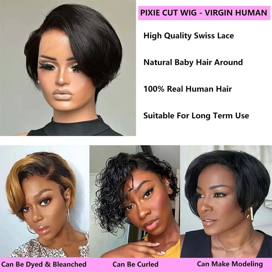 Pixie Cut 13x4 Transparent Lace Front Wigs Human Hair Wig For Women Short Straight Lace Frontal Wig 180% Daily Party Mother Gift