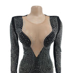 2025 Luxury Smart Evening Dress Women Deep V Neck Long Sleeve Tight Fitting Short Skirt Set With Diamonds Street Banquet Outfits