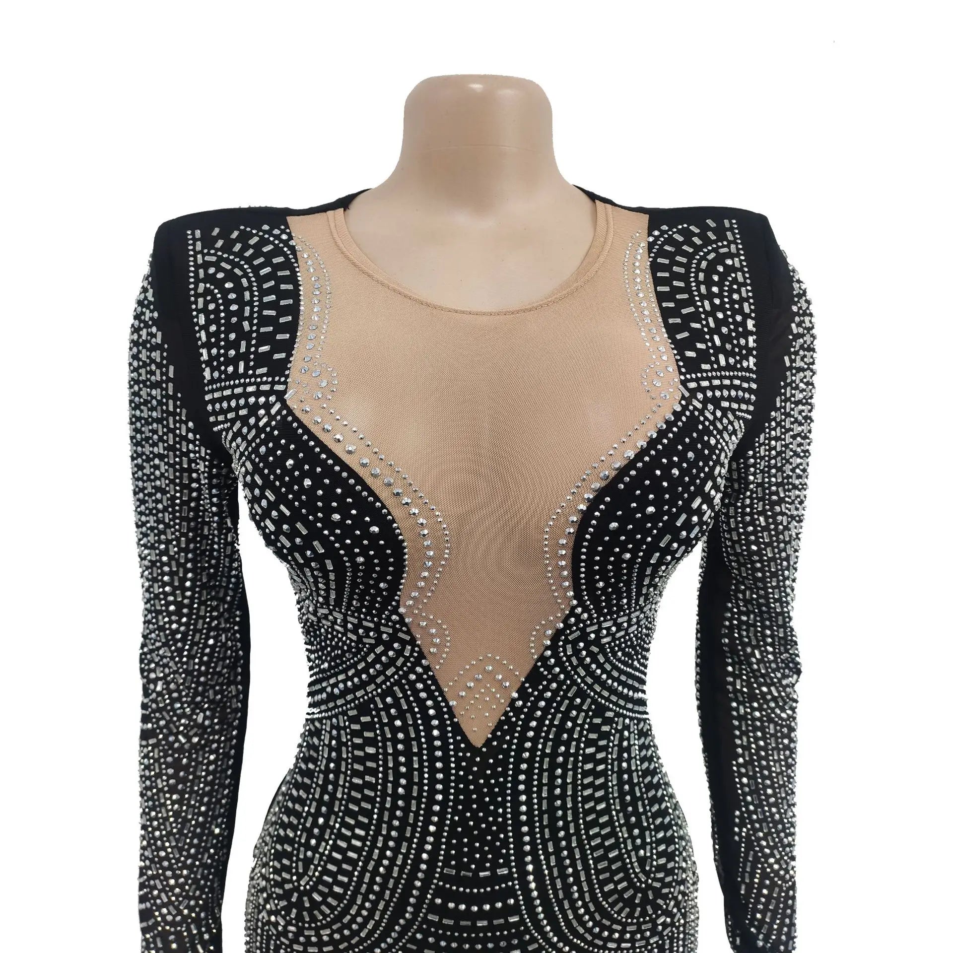 2025 Luxury Smart Evening Dress Women Deep V Neck Long Sleeve Tight Fitting Short Skirt Set With Diamonds Street Banquet Outfits