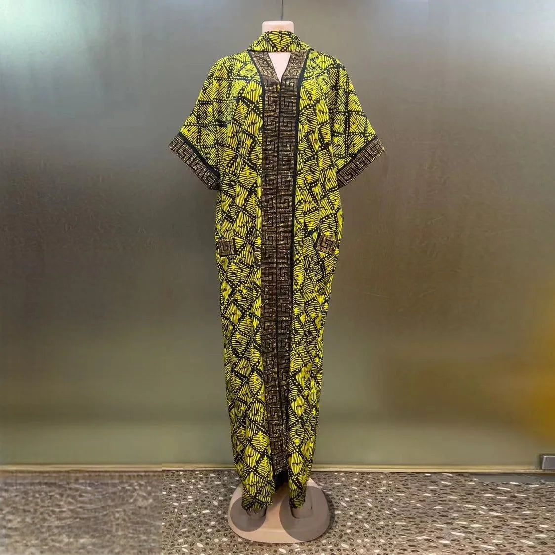 2025 New Trendy Heavy-Duty Rhinestone Pocket Middle Eastern Bubu V-Neck Evening Dress African Print Loose Muslim Women's Dress