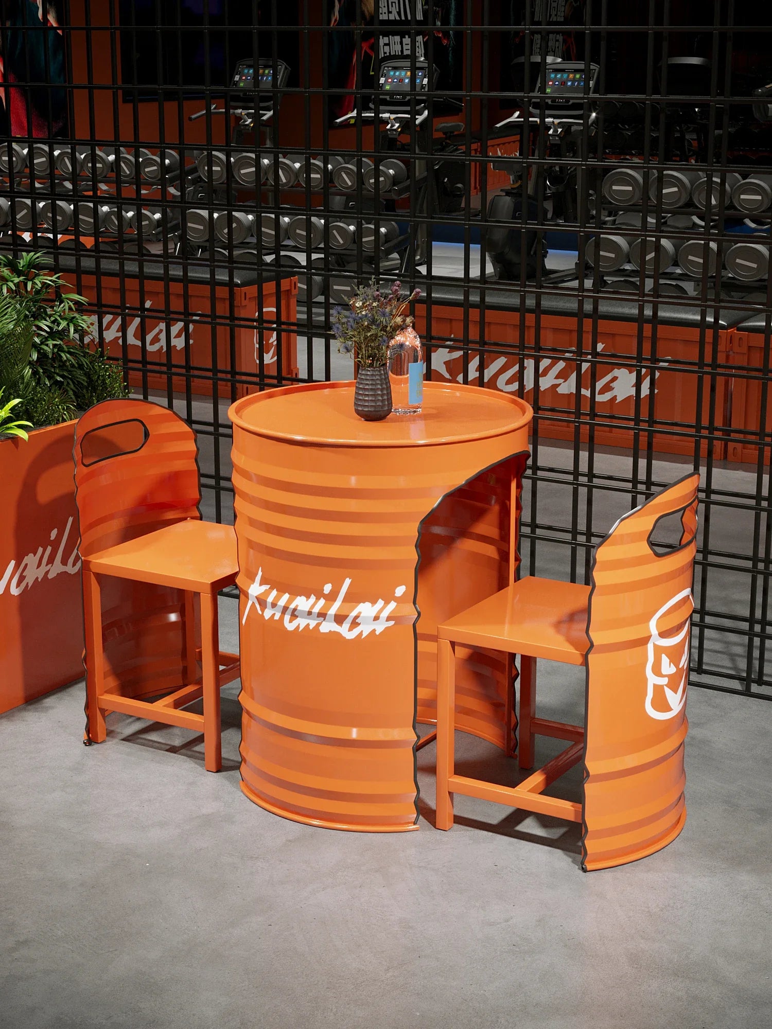 Industrial Style Coffee Shop Courtyard Leisure Area Outdoor Iron Oil Drum Tables and Chairs