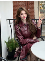 2025 New Fashion PU Leather Dress for Women High Street Trend Long Sleeve Slimming Elegant Pleated Dresses Female Clothing