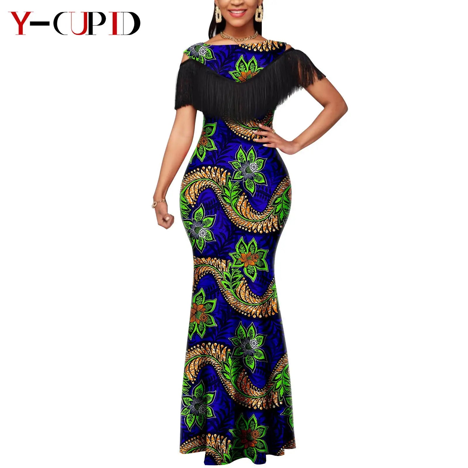 African Dresses for Women Matching Couple Outfits Bazin Riche Dashiki Slim Tassel Print Long Dresses for Party Vestidos Y23C009