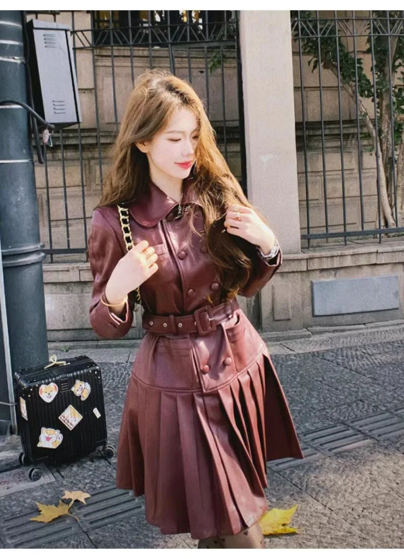 2025 New Fashion PU Leather Dress for Women High Street Trend Long Sleeve Slimming Elegant Pleated Dresses Female Clothing