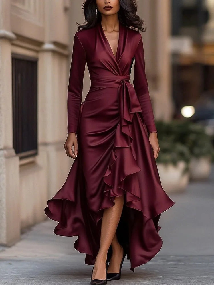 2025 Evening Dress Women's Long Sleeve V Neck High Waist Slim Fit Ruffle Solid Color Elegant Fashion Party Spring Autumn Dress