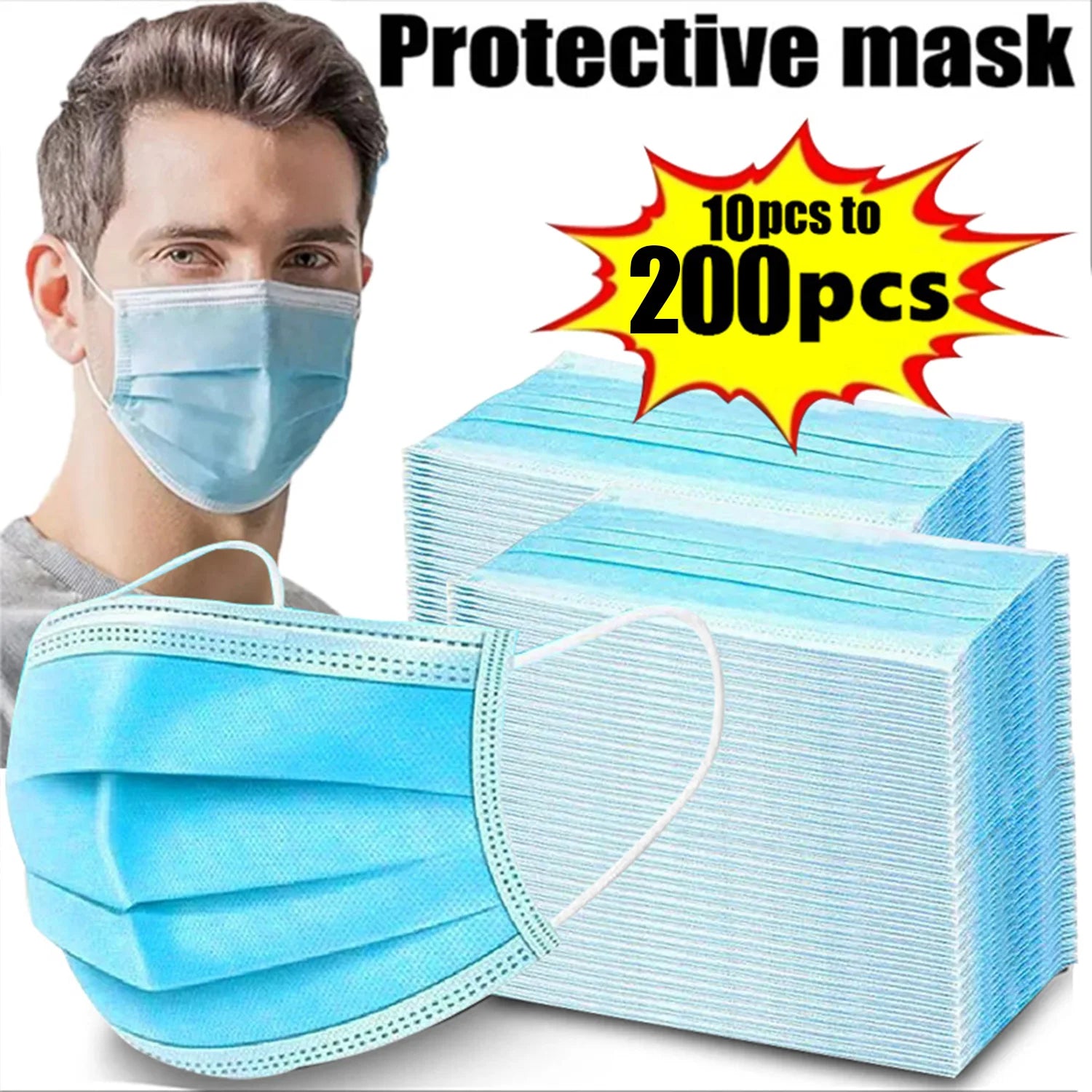 10/200PC Masks Surgical Disposable 3-layer Face Mask Breathable Mask With Elastic Earband Breathable Adult Medical Mouth Mask