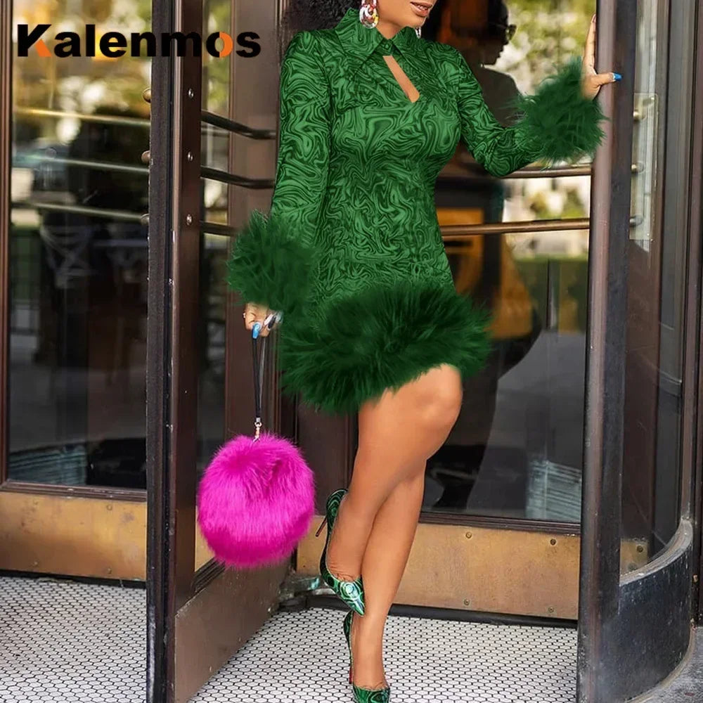 Vintage Mini Dress Women African Spring Feather Fall Sexy Bandage Long Sleeve Africa Bodycon Party Vestidos Birthday Streetwear