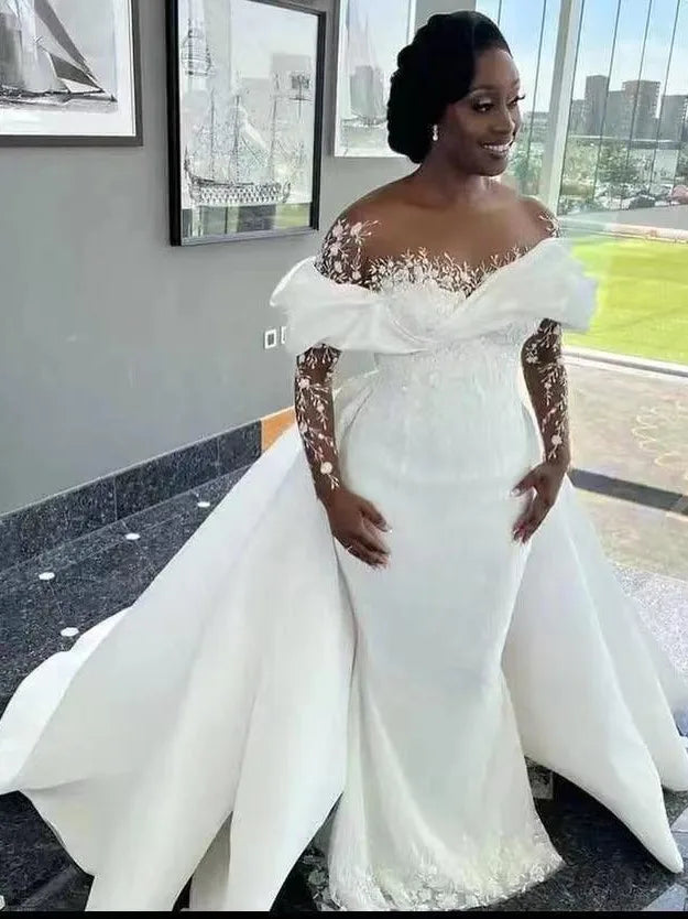 New Foreign Trade Wedding Dress Pure White African Bride Wedding Dress Mermaid Wedding Dress Fish Tail Dress Detachable Tail