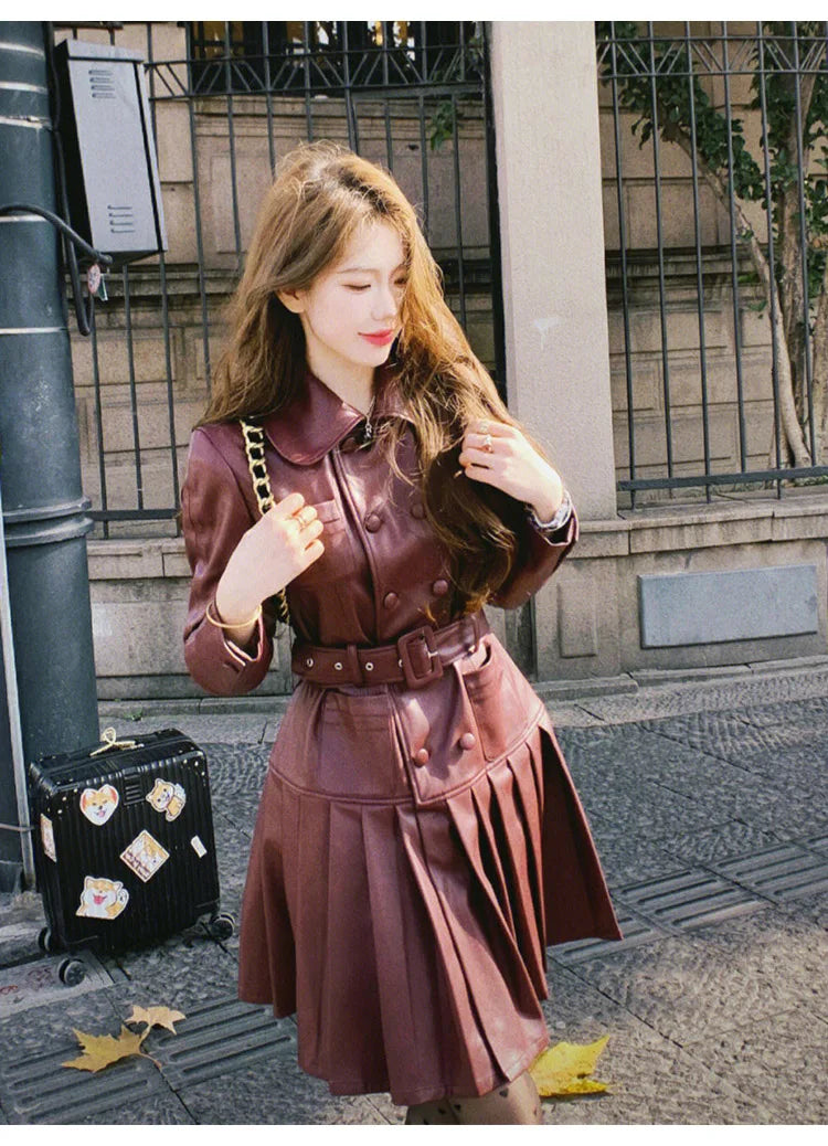 2025 New Fashion PU Leather Dress for Women High Street Trend Long Sleeve Slimming Elegant Pleated Dresses Female Clothing