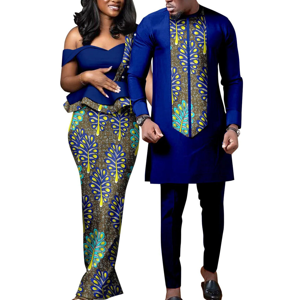African Dresses for Women Match Bazin Lover Couple Clothes Print Mermaid Evening Dresses Men Outfits Shirt and Pant Sets Wedding