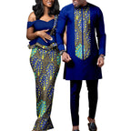 African Dresses for Women Match Bazin Lover Couple Clothes Print Mermaid Evening Dresses Men Outfits Shirt and Pant Sets Wedding