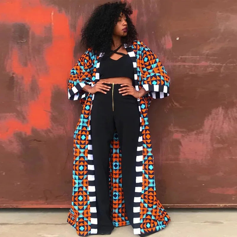 African Dresses for Women African Ethnic Print Loose Long Trench Coat Streetwear Dashiki African Clothes Cardigan African Kimono