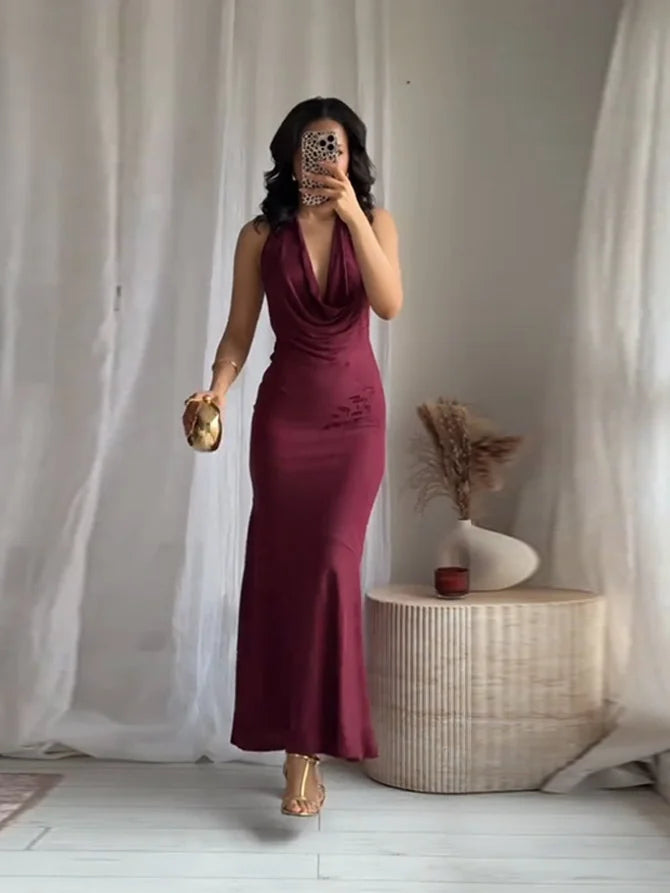 Elegant Party Dresses For Women 2025 Vintage Red Lace Up Sleeveless Deep V Neck Long Dress Female Hip Package Lady Vestidos New