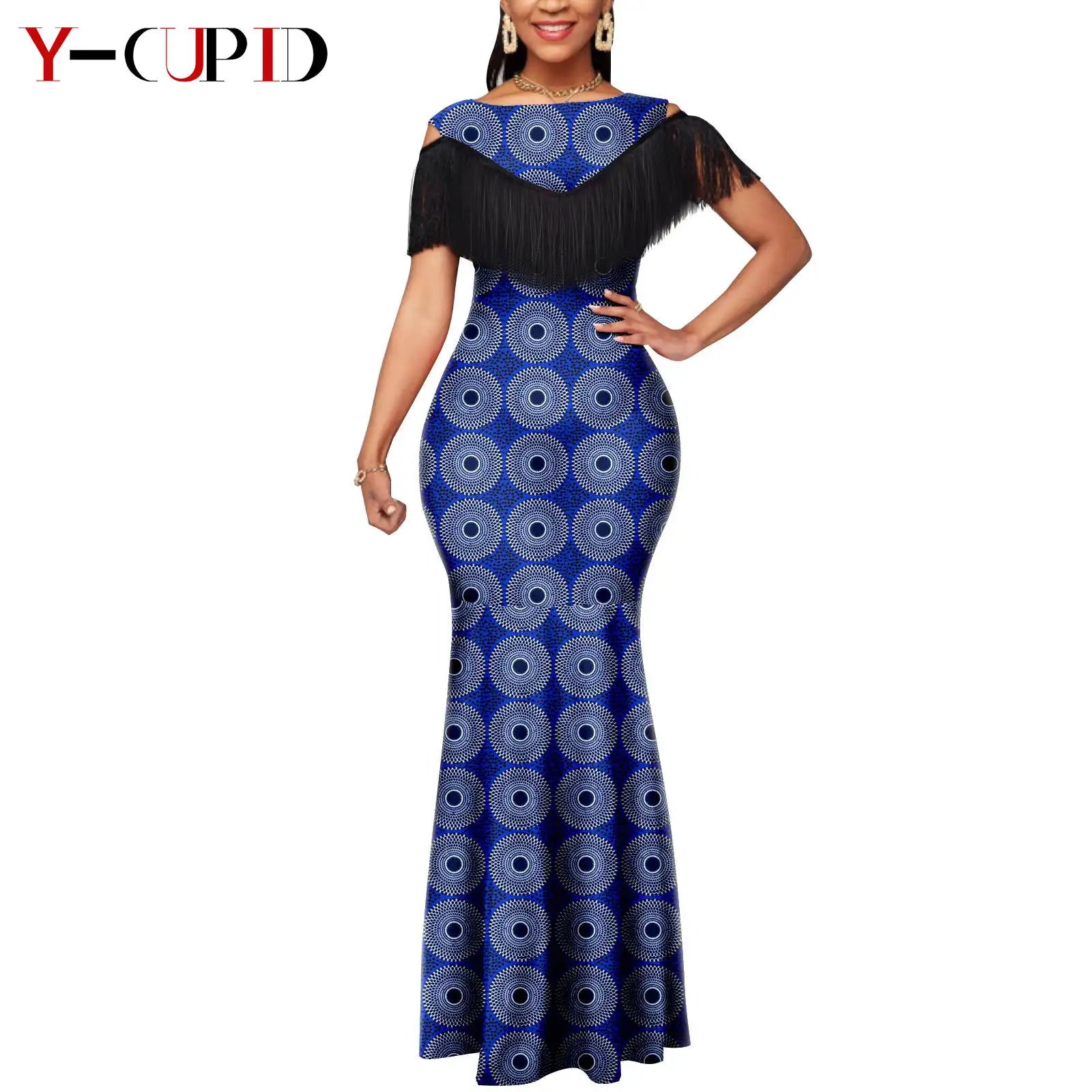 African Dresses for Women Matching Couple Outfits Bazin Riche Dashiki Slim Tassel Print Long Dresses for Party Vestidos Y23C009