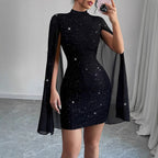 2025 Sexy Elegant Evening Party Dresses Round Neck Pit Stripe Pearl Chiffon Cape Sleeve Wrapped Hip Dress New Fashion Casual