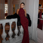 2025 New Women's Elegant Shiny Party Bodycon Robes Sexy Slim Sequins Red Sleeveless Long Dress Fashion Solid Maxi Gown Dresses